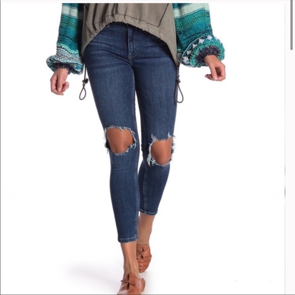 Free People Midnight Blue Destroyed Jeans Sz 27 - Picture 1 of 9
